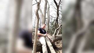 Public masturbating in the woods, jerking-off outside, jerking off on a log, stroking my cock showing AE boxers!