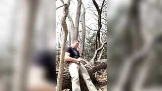 Public masturbating in the woods, jerking-off outside, jerking off on a log, stroking my cock showing AE boxers!