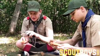 Two uniformed twink scouts fuck outdoors by campfire