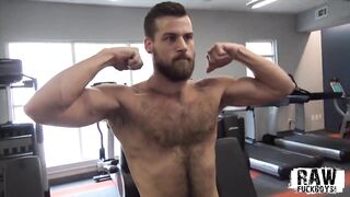 Young hairy stud strokes big cock solo after hot workout