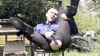 Suited Man With Locked Dick Is Playing With His Man Cunt And Pissing In Public In Sheer Socks