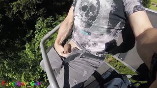 I jerk my hot cock from soft to hard in a moving chair lift. Public fun outside in the Bavarian Alps.