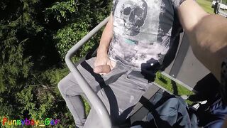 I jerk my hot cock from soft to hard in a moving chair lift. Public fun outside in the Bavarian Alps.