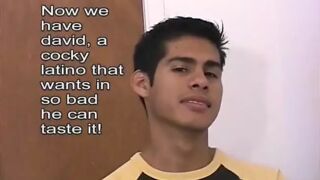 Latino dude gags on a gigantic white cock during a fraternity initiation