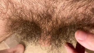 Closeup overhead view showing off my extremely hairy dark pubes