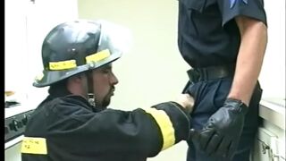 Fireman fucks gay police officer's ass then cums on his abs