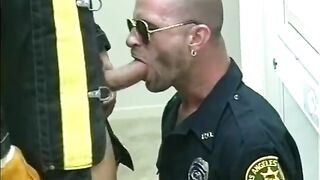 Fireman fucks gay police officer's ass then cums on his abs