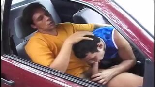 Two Horny Twinks Suck Their Hairy Cocks in the Car and Pound Their Tight Assholes Outside