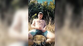 Scallyoscar piss drinking and soaking ripped denim shorts outdoor