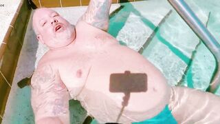 FATTEST DADDY BELLY IN A POOL ! Jacks his cock, too!