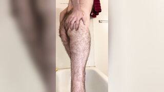 Side view of my very hairy dick, legs, and ass before the shower