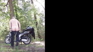 Grandpa Daddy Exhibitionist Naked Motorbike Cruising in Wood Cumshot Sexshow