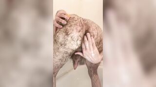 Lathering up my extremely hairy uncut dick, balls, and ass with a bar of soap in the shower