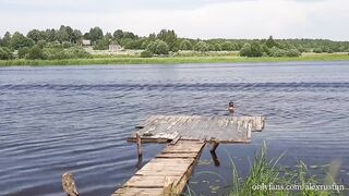 Chav lad swims in the river and shows his big cock