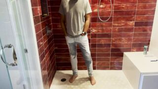 Barefoot in Jeans Pissing Myself and Showing Dick and Ball