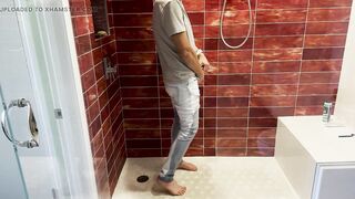 Barefoot in Jeans Pissing Myself and Showing Dick and Ball