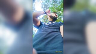 Big Uncut Cock Latino Jerking Outdoors in the Woods and Eating His Tasty Cum Careful Not to Get Caught