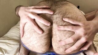 Very hairy white dude teasing my ass and pubes in small blue undies then stripping them off to show my bushy uncut cock