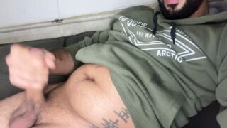 Bearded big cock jerking off and smearing himself with cum