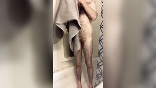 Skinny hairy white dude with a big uncut cock takes a quick shower