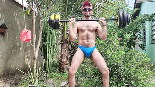 Arms Workout Outdoors in Thong and Masturbating with Louis Ferdinando