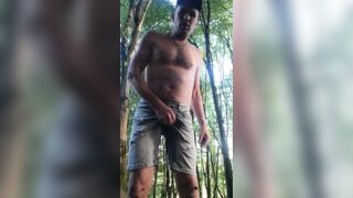 Pissing in the woods and cumming close up.