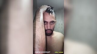 Hot young latino with a big uncut cock masturbating in the shower until he cums handsfree Slow motion cumshot FREE FULL