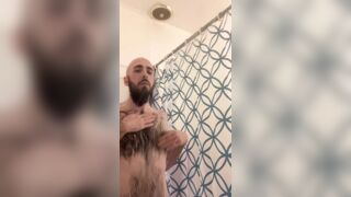 Skinny hairy bald blue-eyed white guy washing my beard, hairy chest, and armpits in the shower