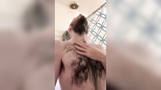 Skinny hairy bald blue-eyed white guy washing my beard, hairy chest, and armpits in the shower