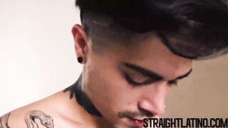 Inked straight latino bareback before black stud facial